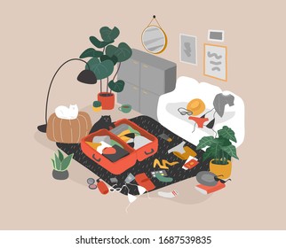 Cozy scandinavian home interior with packing suitcase and preparing for travel. Happy traveler getting ready for summer vacation. Cartoon colorful vector illustration