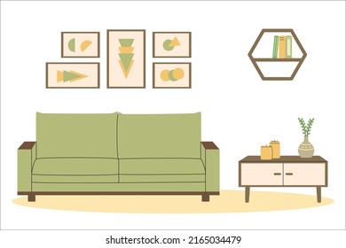 Cozy scandinavian interior. Living room. Couch and pedestal table. Hygge home. Flat vector illustration.