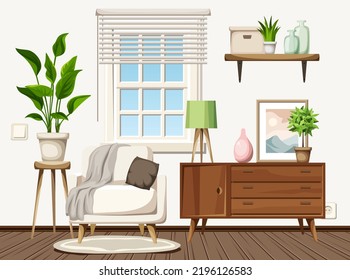 Cozy Scandinavian living room interior with a white armchair, a dresser, and houseplants. Cartoon vector illustration