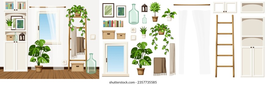 Cozy Scandinavian room interior design with a white bookcase, a window, a ladder, and houseplants. Furniture set. Interior constructor. Cartoon vector illustration