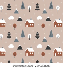 Cozy Scandinavian seamless winter pattern with cottages mountains fir trees bare trees clouds and snowflakes in flat minimal style on beige background