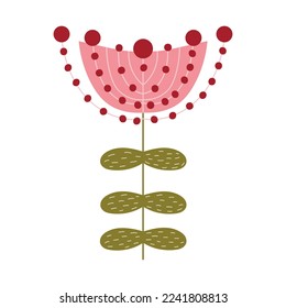 Cozy scandinavian style pink flower isolated on white background, time for hygge design element, exotic leaves