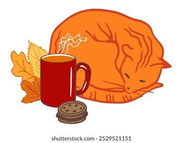 cozy scene with a curled up orange cat peacefully sleeping beside a red mug of steaming hot beverage, chocolate cookie, Autumn leaves. Relaxation, comfort vibe illustration for poster, banner, card