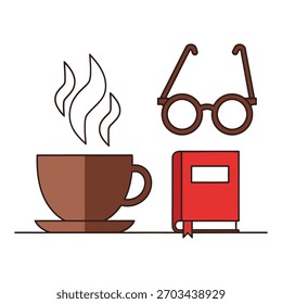  Una escena acogedora con una taza de café, vasos y un libro aislado sobre fondo blanco
