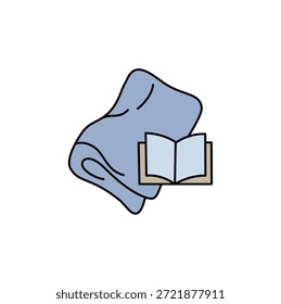 Escena acogedora: una manta suave y azul claro se cubre al lado de un libro abierto. Sencillo, acogedor y sugerente de relajación, lectura y un ambiente tranquilo y reconfortante.