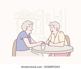 Cozy scene of two old friends having nice chat at cafe, enjoying tea or coffee, discussing latest news. Hand drawn style vector design illustrations.