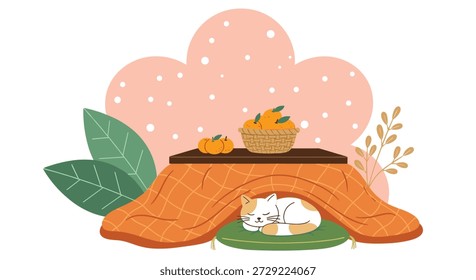 Acogedora escena de un gato blanco y jengibre durmiendo pacíficamente bajo una mesa tradicional japonesa de kotatsu con una cesta de naranjas mandarinas.