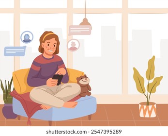 Cozy scene of a woman sitting on a couch with a smartphone, chatting online. Indoor setting with plants, a window view, and warm lighting.