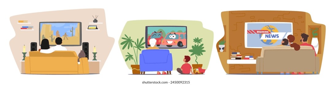 Cozy Scenes, Family Characters Gathered On Couch, Sharing Snacks, Laughter And Conversations While Immersed In Their Favorite Tv Show, Creating Cherished Memories. Cartoon People Vector Illustration