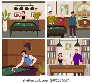 Acogedoras escenas de personas disfrutando de billares en varias Configuraciones interiores. El set de Ilustración vectorial cuenta con diversos grupos de jugadores, tanto hombres como mujeres, en ambientes relajados con mesas de billar.