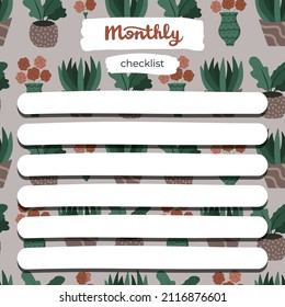 Cozy scrapbook template of monthly checklist for planner with blank to do with illustrations about home interior in boho style. With printable, editable illustrations. For school, university schedule