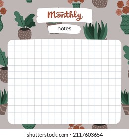 Cozy scrapbook template of monthly notes for planner with blank to do with illustrations about home interior in boho style. With printable, editable illustrations. For school, university schedule.