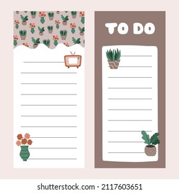 Cozy scrapbook templates for planner (notes, to do, to buy, to read, etc) with illustrations about home interior in boho style. With printable, editable illustrations. For school, university schedule