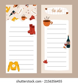 Cozy scrapbook templates for planner (notes, to do, to buy and other) with hygge autumn clip arts of seasonal clothes, drinks, decor. With editable illustrations. For school, university schedule.