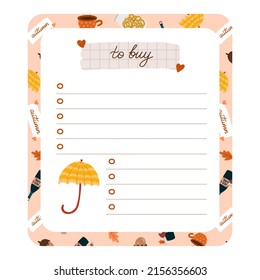 Cozy scrapbook templates for planner (notes, to do, to buy and other) with hygge autumn clip arts of seasonal clothes, drinks, decor. With editable illustrations. For school, university schedule.