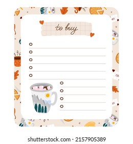 Cozy scrapbook templates for planner (notes, to do, to buy and other) with hygge autumn clip arts of seasonal clothes, drinks, decor. With editable illustrations. For school, university schedule.