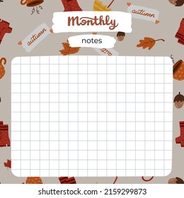 Cozy scrapbook templates for planner (notes, to do, to buy and other) with hygge autumn clip arts of seasonal clothes, drinks, decor. With editable illustrations. For school, university schedule.
