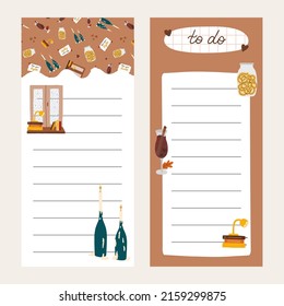 Cozy scrapbook templates for planner (notes, to do, to buy and other) with hygge autumn clip arts of seasonal clothes, drinks, decor. With editable illustrations. For school, university schedule.