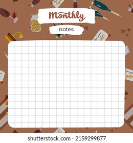 Cozy scrapbook templates for planner (notes, to do, to buy and other) with hygge autumn clip arts of seasonal clothes, drinks, decor. With editable illustrations. For school, university schedule.