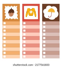 Acogedoras plantillas de scrapbook para planificadores (notas, por hacer, por comprar y otros) con imágenes de grandes recortes de otoño de ropa de temporada, bebidas, decoración. Con ilustraciones editables. Para la escuela, horario universitario.