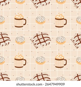 Cozy seamless autumn pattern with blankets, cinnabons, and warm drinks like cocoa and tea. Hand-drawn vector perfect for textiles, wrapping paper, and children's seasonal clothing.