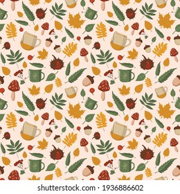 Cozy seamless background with hand-drawn forest plants, mushrooms, leaves, ferns,  cup, berries. Pattern for creating fabrics, wrapping paper, invitations. vector illustration.