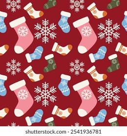 Cozy seamless Christmas pattern with snowflakes, Christmas stockings decor on a red background, ideal for greeting cards, wallpapers, seasonal designs, and warm holiday themes full of cheer