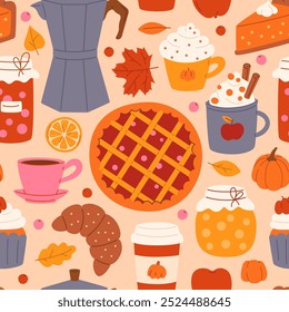 Cozy seamless pattern of autumn flavored food and drink. Background seasonal products, coffee, pie, cake, cupcake, jam, croissant. Hand drawn flat illustration for print, poster, wrapping paper.