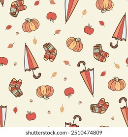 Cozy seamless pattern with autumn items pumpkin, umbrella, socks, leaves. For fall decoration, autumn fest invitations, fabric, kitchen textile and cover print, gift and wrapping paper.