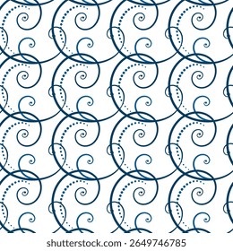 Cozy seamless pattern of blue curls on white background. Frost pattern on the window. Ethnic ornament in nordic style. Monochrome ornamental background of swirls. Winter holiday decor.