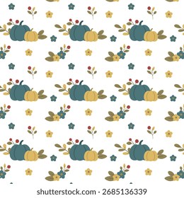 Gemütliches, nahtloses Muster mit blauen und gelben Kürbissen, Herbstblättern, Beeren und Blumen. Perfekt für Herbstdesigns, Textilien, Tapeten und saisonale Dekoration.