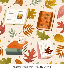 Cozy seamless pattern with books and autumn leaves. Warm seasonal background. Soft textured design for fall wrapping paper, banner, home decor or stationery. Perfect for book lovers and autumn vibes