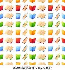 A cozy seamless pattern with books. Colorful textbooks in various positions, open and closed. Can be used on wrapping paper, fabric, or as a background for designs.
