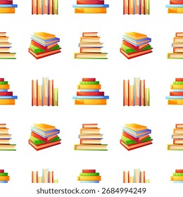 A cozy seamless pattern with books. Colorful textbooks in various positions, a stack of books. Can be used on wrapping paper, fabric, or as a background for a design.