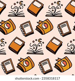 Cozy seamless pattern with books doodle illustration. Vector artwork featuring a delightful assortment of books creating a warm and inviting ambiance
