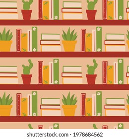A cozy seamless pattern of bookshelves with stacks of books and potted house plants. Warm illustration for printing prints on fabric, gift packaging, covers, postcards, etc.