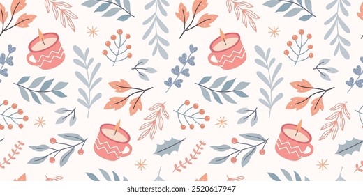 A cozy seamless pattern with candles in a mug, leaves, berries. Autumn-winter design