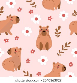 Cozy seamless pattern with capybaras and flowers on a pink background. Textile, wrapping paper, wallpaper design. Print for fabric. Vector kids background.