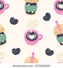 Cozy seamless pattern of coffee mugs with latte art hearts. Vector flat design cafe background for Valentine's Day packaging, coffee shop decor, barista themes, and morning drink textures.