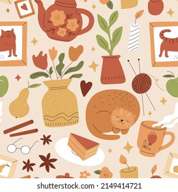 Cozy seamless pattern. Cute print with hygge home things. Calm and positive mood. Sleeping cat with plants and tea party items. Scandinavian comfortable atmosphere