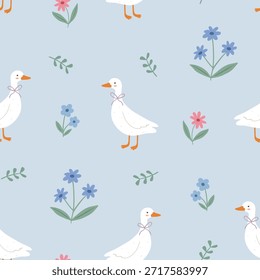 Cozy seamless pattern with ducks and flowers