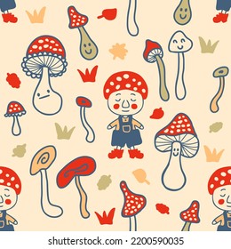 Cozy seamless pattern with gnomes and agaric mushrooms. Perfect print for tee, textile, paper and fabric. Hand drawn vector illustration for surface design.

