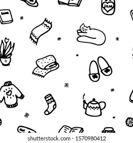 Cozy seamless pattern. Hand drawn graphic. Black on white