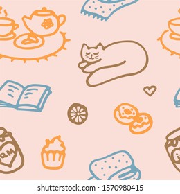 Cozy seamless pattern. Hand drawn graphic. Multicolored texture