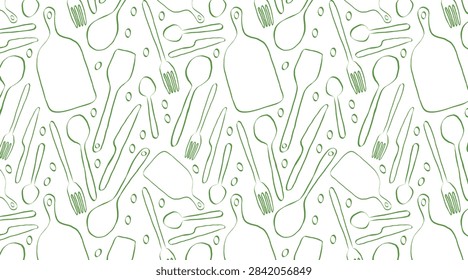 A cozy seamless pattern of hand-drawn kitchen utensils and cutlery in a green textured doodle style. Features a repeating design of spoons, forks, knives, cutting boards, and cooking spatulas with small decorative dots on a solid white background. Perfect for restaurant wallpaper, cafe menus, eco-friendly food packaging, kitchen textiles, aprons, tablecloths, or culinary scrapbooking.