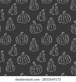 A cozy seamless pattern of hand-drawn pumpkins in a white textured doodle style. Features a repeating chalkboard design of various autumn squashes and farm gourds with detailed contours on a solid dark grey background. Perfect for restaurant menu backgrounds, elegant Thanksgiving gift wrapping paper, autumn textile prints, seasonal scrapbooking, holiday wallpapers, or Halloween decorations.