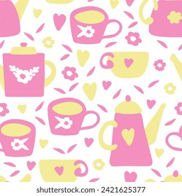 Cozy seamless pattern for home tea party. Hand drawn yellow and pink teapots, cups, tea leaves and flowers on white background. Cute cartoon texture for 5 o'clock tea with mug, kettle for tea, coffee.