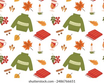 Cozy seamless pattern with knitted sweater. Warm comfortable endless background with blanket and leaves, Autumn hygge elements. Vector illustration of candle, mulled wine, spices. For print