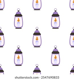cozy seamless pattern of lanterns with candle, vector winter background for textile, wrapping paper, flat style