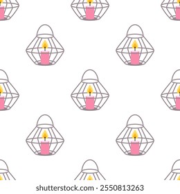 cozy seamless pattern of lanterns with candle, vector winter background for textile, wrapping paper, flat style